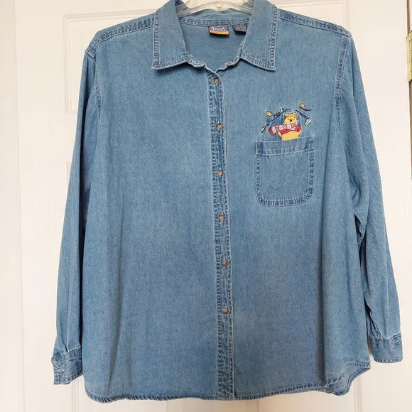 Rare Vtg. Disney Denim Button Up Winnie The Pooh Long Sleeve Shirt SZ 26/28 - Picture 1 of 15
